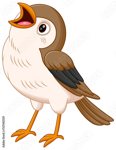 Cute Brown Bird Cartoon Singing Vector Illustration. Animal Education Icon Concept