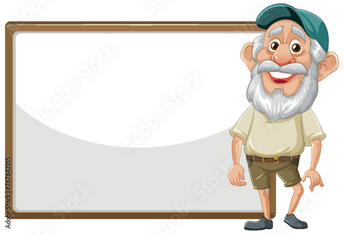 Cartoon elderly man standing next to empty board