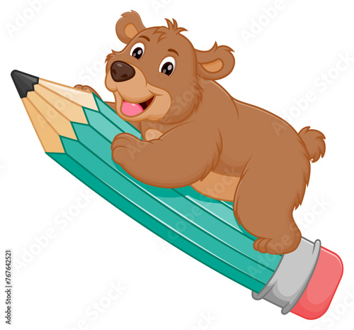 Cute Bear Cartoon Riding a Flying Pencil Vector Illustration. Animal Education Icon Concept