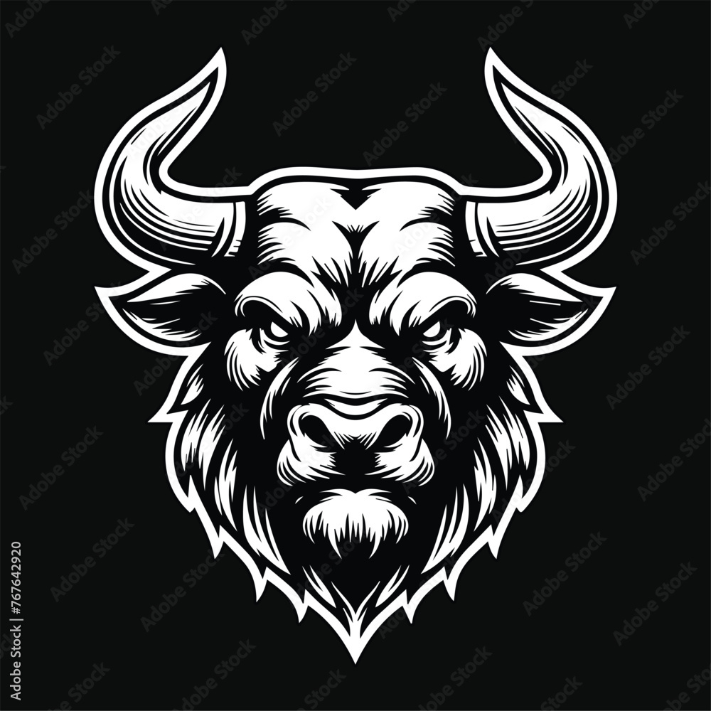 Fototapeta premium Dark Art Angry Beast Bull Head with Sharp Horn Black and White Illustration