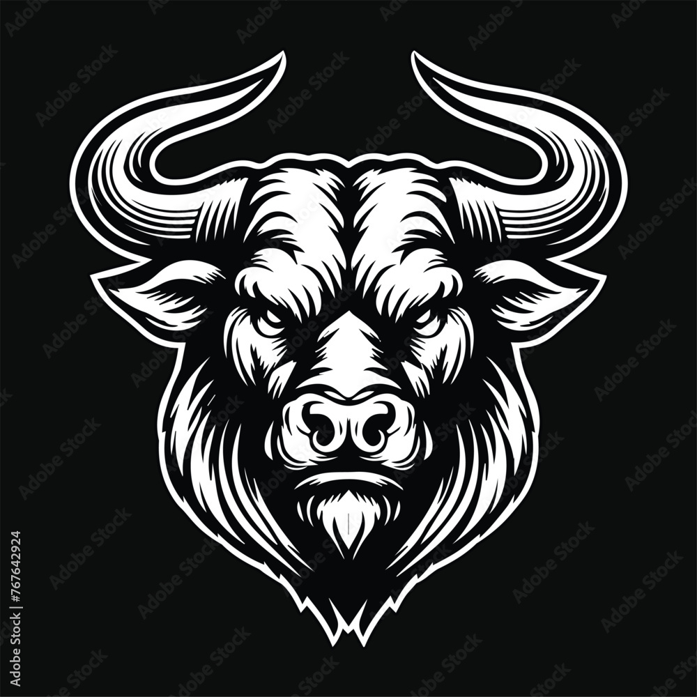 Obraz premium Dark Art Angry Beast Bull Head with Sharp Horn Black and White Illustration