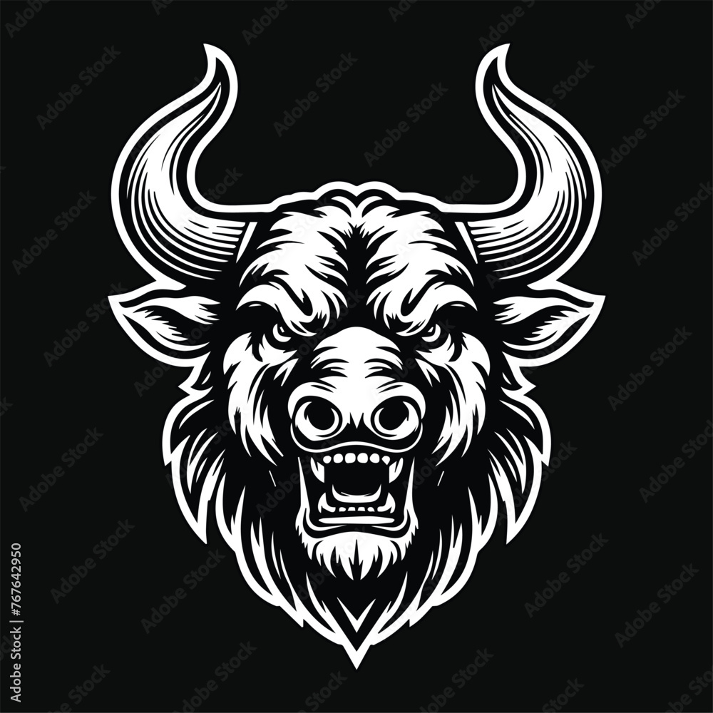 Fototapeta premium Dark Art Angry Beast Bull Head with Sharp Horn Black and White Illustration