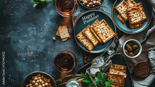 A top-view, neatly organized presentation of a traditional Passover meal, with 