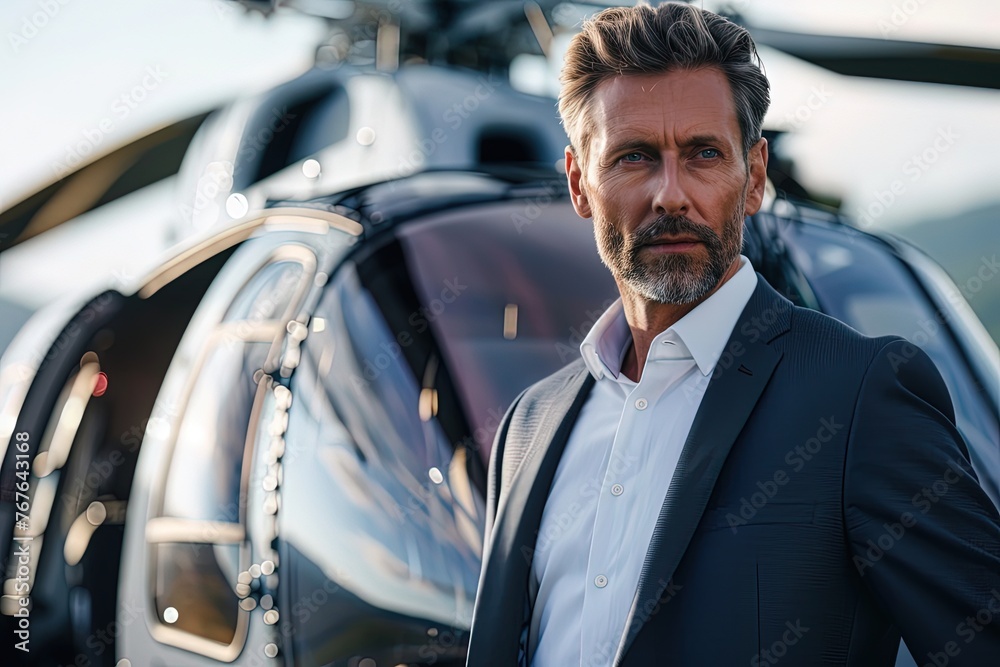 Attractive middle age businessman in suit using private helicopter to travel to a business meeting. Generative AI