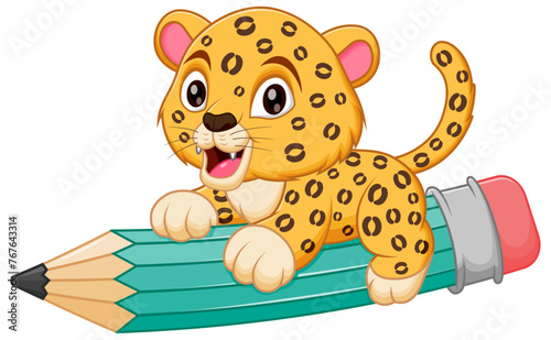 Cute Leopard Cartoon Riding a Flying Pencil Vector Illustration. Animal Education Icon Concept © bahtiarmaulana