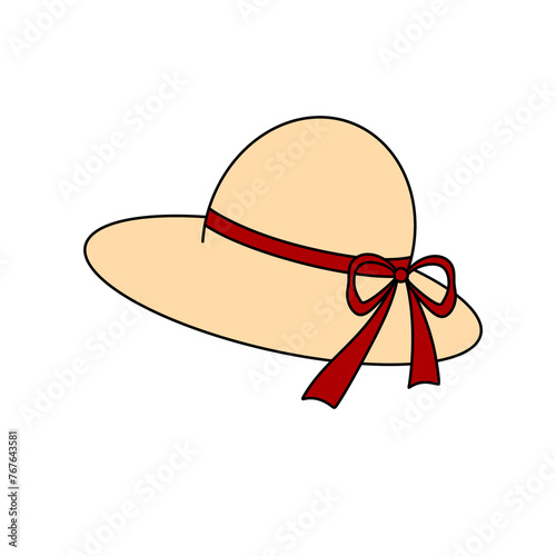 A hat with a red ribbon tied around it