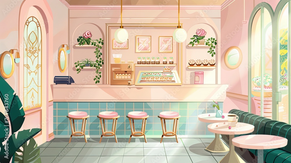 An illustration of a cozy, pastel-colored café interior with vintage style decoration, showcasing a welcoming and stylish atmosphere. Charming Pastel-Colored Vintage Style Café Interior lofi anime

