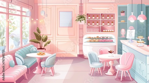 A delightful cafe setting bathed in pink hues  featuring elegant pastel decor  cozy seating  and a cheerful ambiance. Charming Pink Cafe with Elegant Pastel Decor  