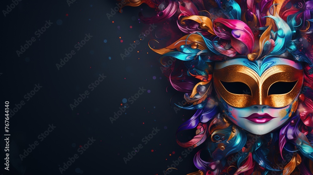 carnival mask. Mardi Gras spirit thrives with a colorful Venetian mask and cascading beads, embodying vibrant celebration. Generative AI