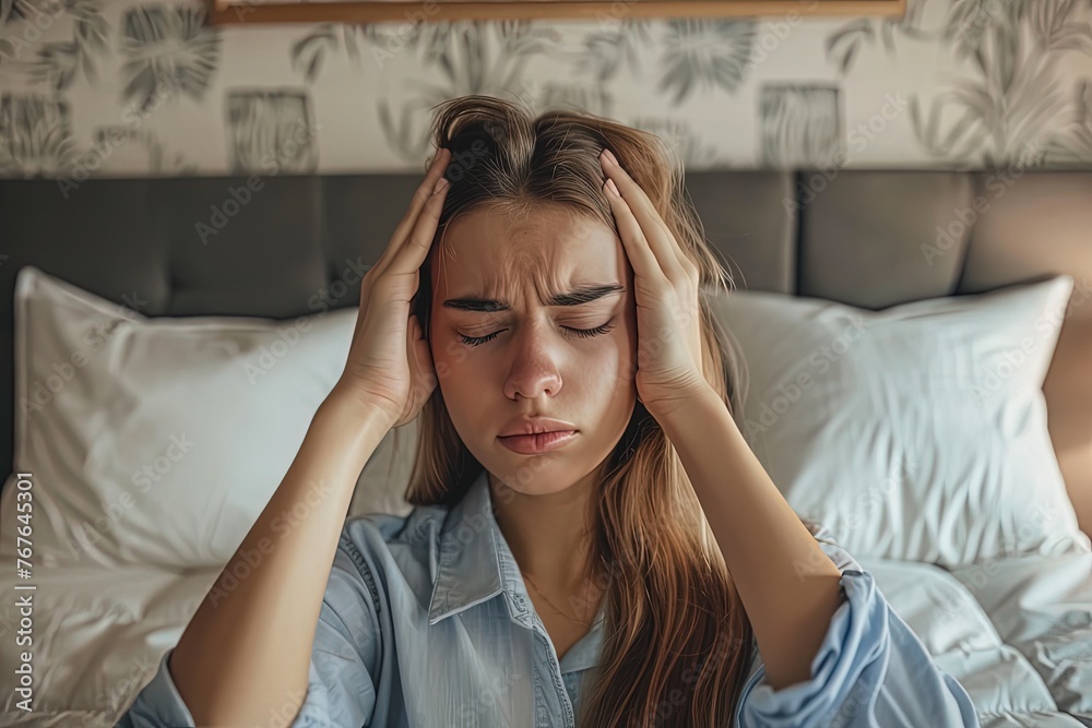 young woman with morning headache. Generative AI young woman with morning headache. Generative AI