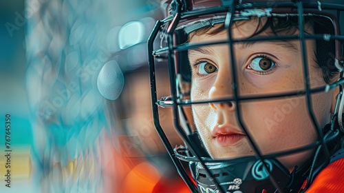 Youthful hockey player in gear with focused expression behind protective mask. Generative AI