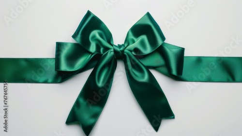 Green gift bow on white background. Gift wrapping ribbon