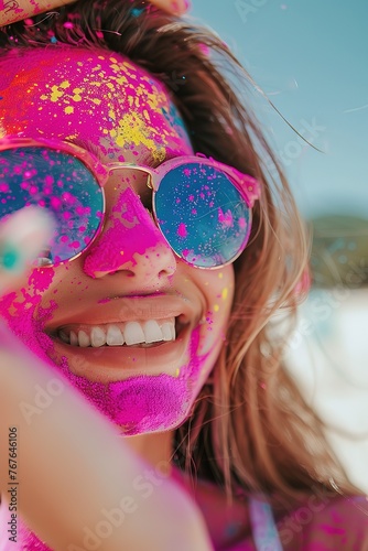 A close-up portrait of a smiling person with vibrant Holi colors. Generative AI