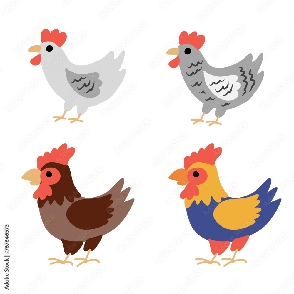 Fototapeta premium Cartoon cute farmer animals, vector rooster, chick, chicken isolated on white background, domestic funny birds set, Character design for greeting card, children invite, creation of zoo alphabet