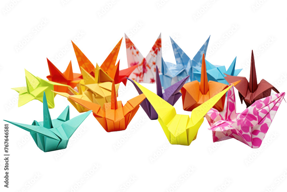 Serene Symphony: A Flock of Origami Birds. On White or PNG Transparent Background. Serene Symphony: A Flock of Origami Birds. On White or PNG Transparent Background.