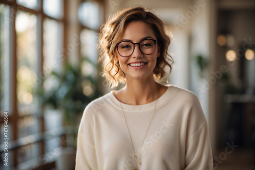 Lächelnde junge Frau mit Brille und Kurzhaarfrisur in hellem, modernem Ambiente
