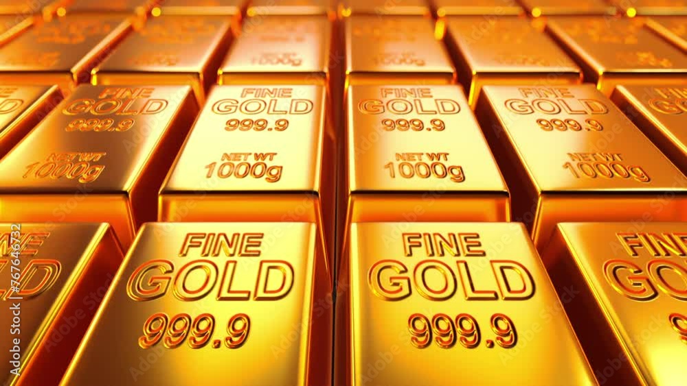 Looping close-up animation of gold bars. 3D render.
Looping close-up animation of gold bars. 3D render.