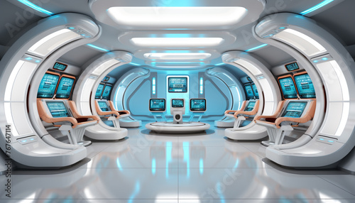 Modern Futuristic Sci Fi spaceship metal floor light panels blue neon glowing lights design white background spaceship interior architecture corridor clean room design generator AI illustration.