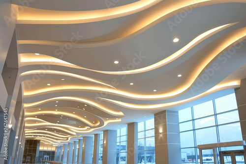 An elegant ceiling design featuring soft, undulating curves that mimic gentle waves, with recessed lighting adding a serene glow to the tranquil theme.