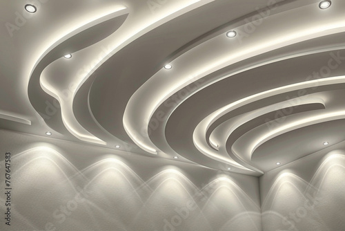 An elegant ceiling design featuring soft, undulating curves that mimic gentle waves, with recessed lighting adding a serene glow to the tranquil theme.