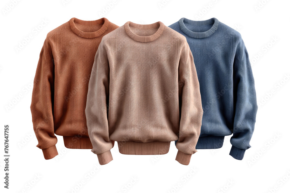 Fototapeta premium Trio of Sweater Hues: Cobalt, Ruby, Gold. On White or PNG Transparent Background.