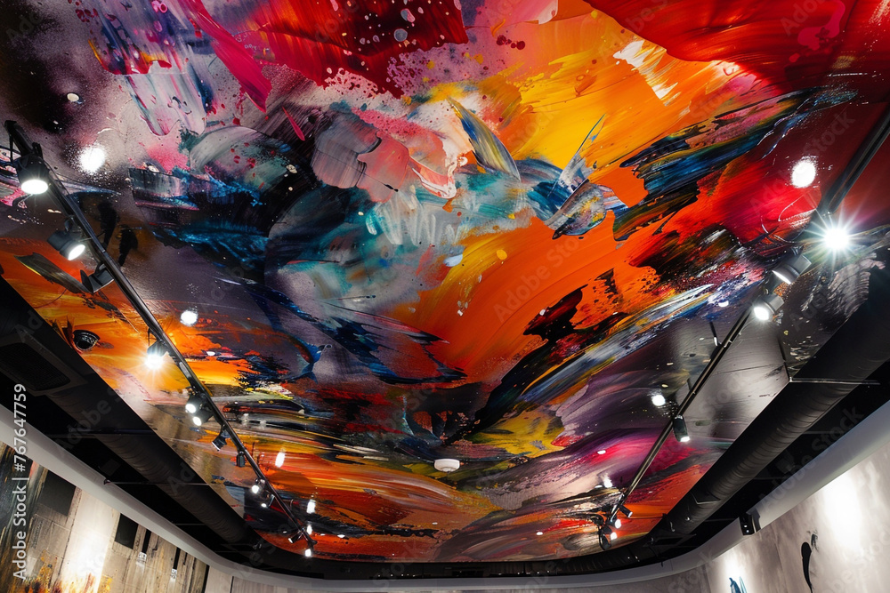 An artistic ceiling featuring an oversized, abstract painting that spans the entire surface, with spotlights strategically placed to highlight the vivid colors and brush strokes.