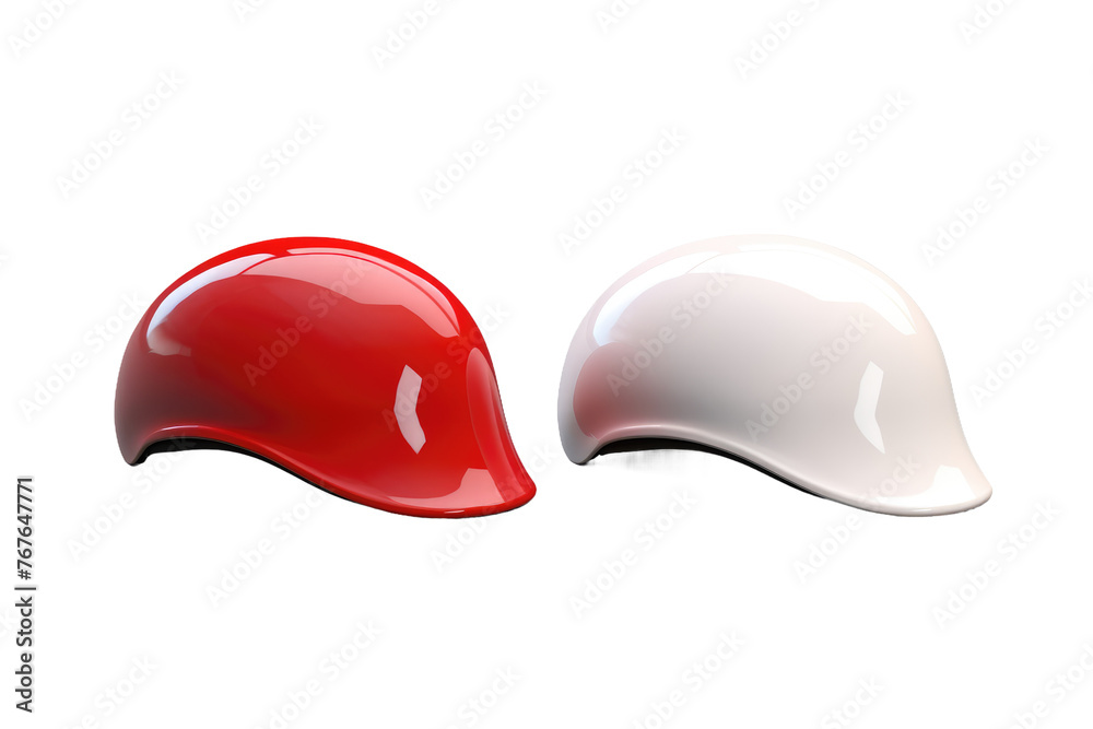 Fototapeta premium Glossy safety helmet icons, red and white hard hat illustration for construction PPE signage, industrial protection symbol PNG isolated on Transparent Background