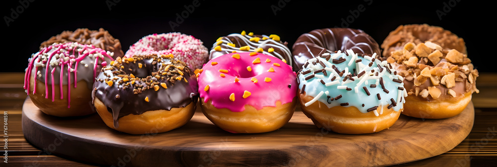 Decadent Gourmet Donuts Beautifully Arranged on a Rustic Wooden Board