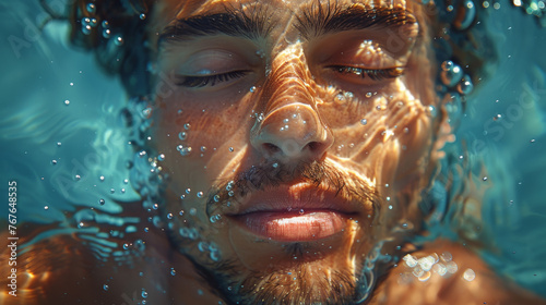 Relaxed Man's Face Submerged Underwater, Glistening With Sun's Embrace © oxart_studio