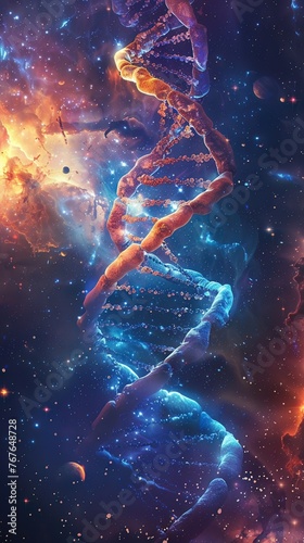 Vivid DNA helix glowing amid cosmic dust, lifes blueprint in space