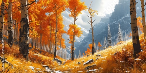 Autumn Aspen Trees Against Mountain Backdrop