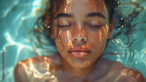 Peaceful Face Partially Underwater Bathed In Warm Golden Light