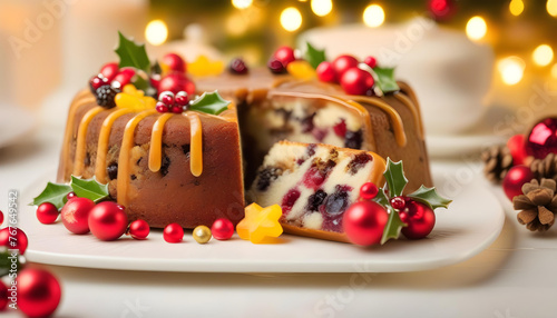 A slice of fruit cake with a dollop of caramel sauce on a white plate, surrounded by festive decorations 