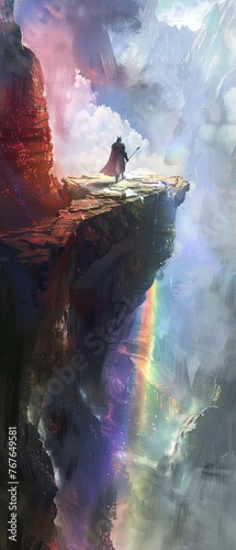 A knight traversing a bridge made of rainbows in a misty realm