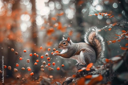 A squirrel with neon orange acorn bombs, darting through an autumn forest