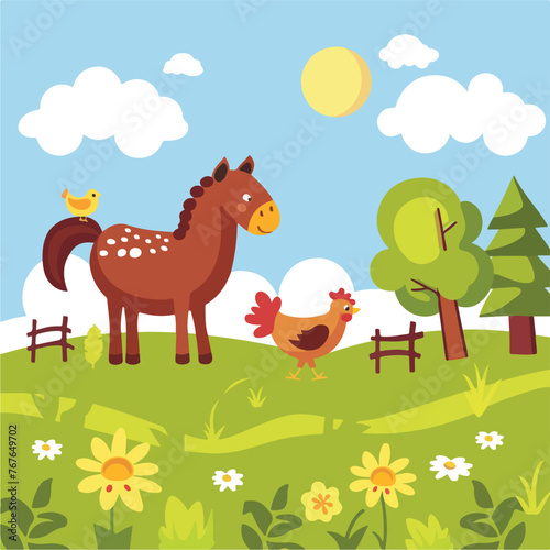 Farm animals and farmer hen over a horse icon cartoon