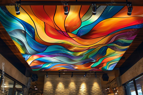 A bold, artistic ceiling featuring a large, abstract mural with vibrant colors and flowing shapes, illuminated by discreet track lighting. photo