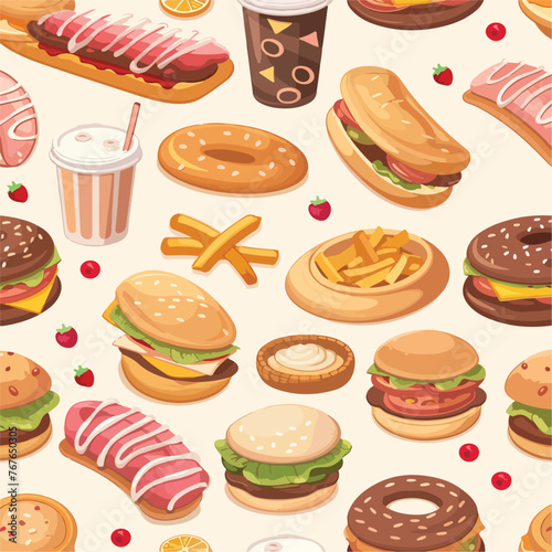 Fast food seamless background cartoon vector illust
