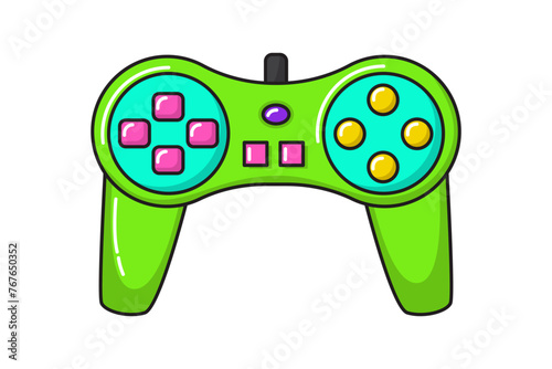 Vector game controller gamepad icon. Green joystick element flat style isolated on white background. Retro gamer device.