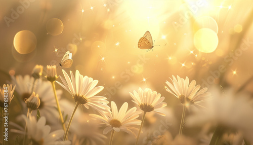 white daisies under a soft, golden light, with two delicate butterflies fluttering above.