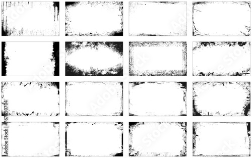 Set of black grunge frames isolated on transparent background. Collection of 16 grunge border frames. Grunge style design