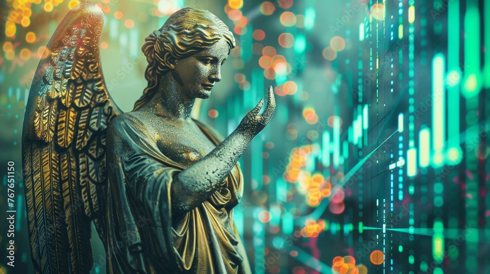 Angelic figure with a hand on a crypto graph close-up