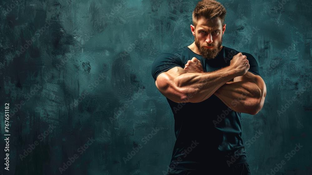 A handsome brutal athlete demonstrates strength and muscles on his arms against a dark background. A handsome brutal athlete demonstrates strength and muscles on his arms against a dark background.