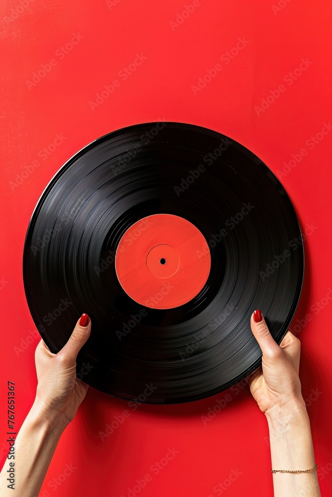 Glossy black vinyl record in hands against a bright red background, symbolizing the timeless contrast of music and silence Glossy black vinyl record in hands against a bright red background, symbolizing the timeless contrast of music and silence