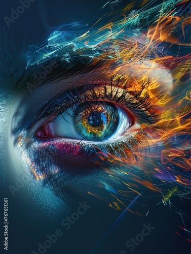 Gaze into the future  a single eye with a burst of digital artistry for tech expos