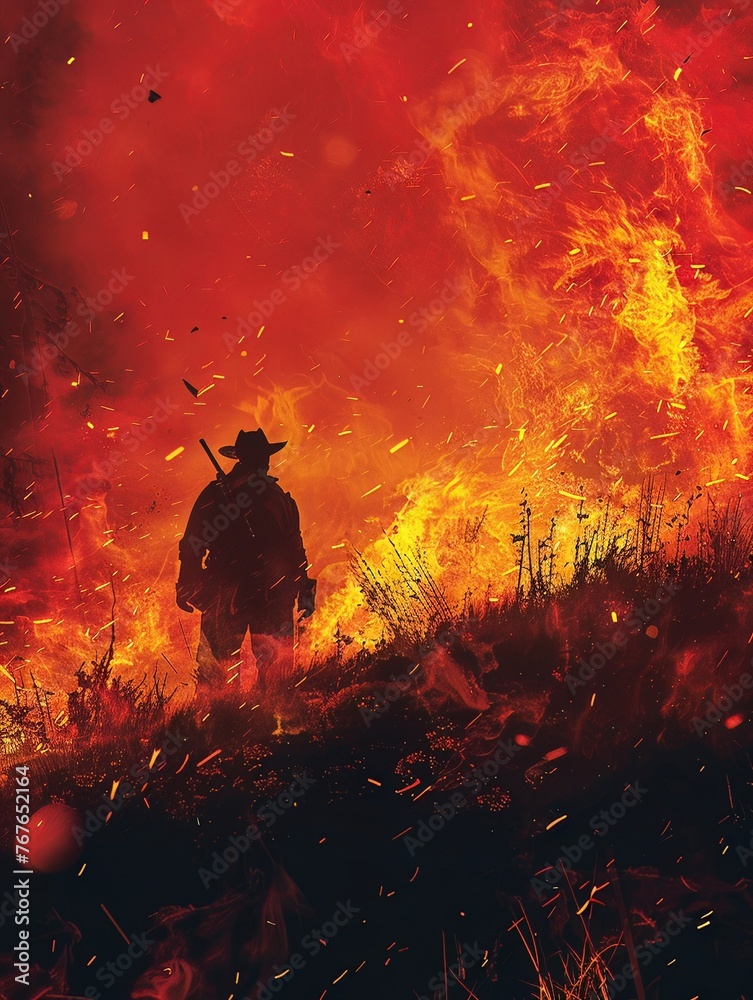 The intense glow of a wildfire, a lone hero stands ready, facing the inferno The intense glow of a wildfire, a lone hero stands ready, facing the inferno