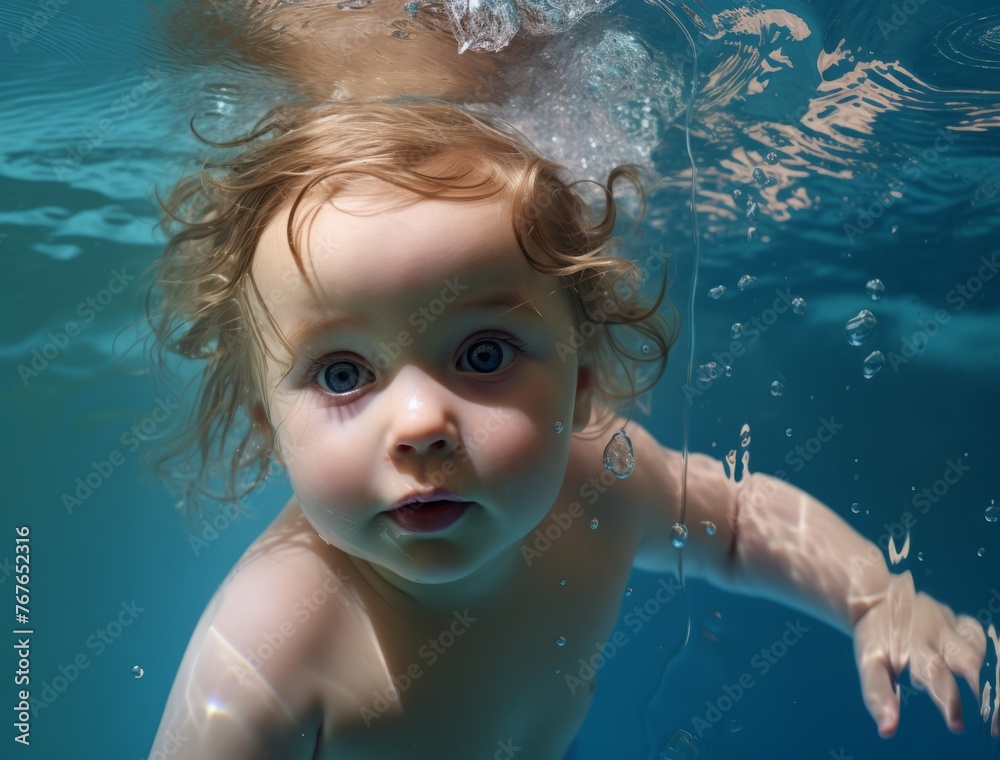 A baby is swimming in the water with bubbles around him