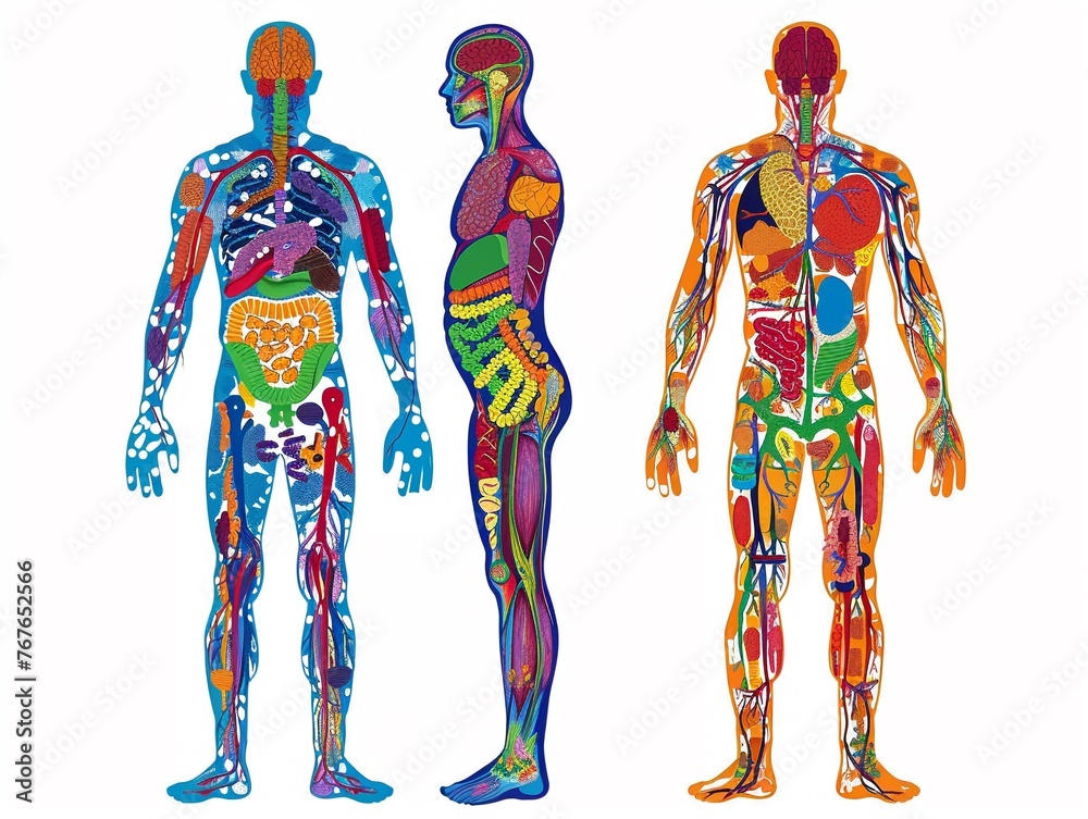 Use vibrant colors and patterns to illustrate the physiological functions of the human body , stock photographic style Use vibrant colors and patterns to illustrate the physiological functions of the human body , stock photographic style