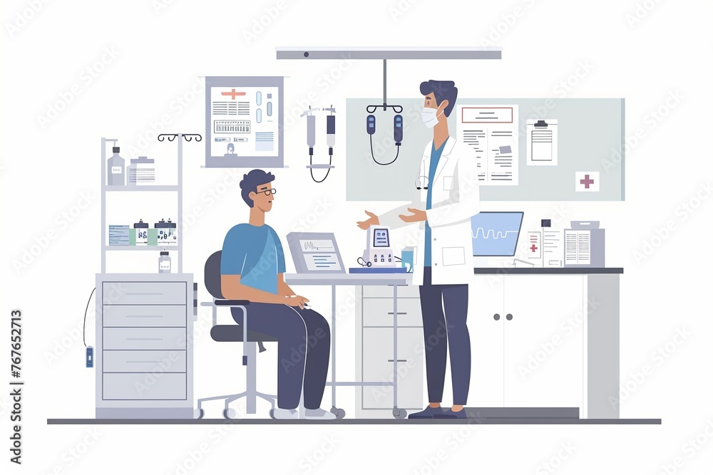 A scene depicting a physician consulting with a patient before a surgical procedure, surrounded by medical equipment and charts to aid in diagnosis and treatment , Minimalist cartoon style A scene depicting a physician consulting with a patient before a surgical procedure, surrounded by medical equipment and charts to aid in diagnosis and treatment , Minimalist cartoon style