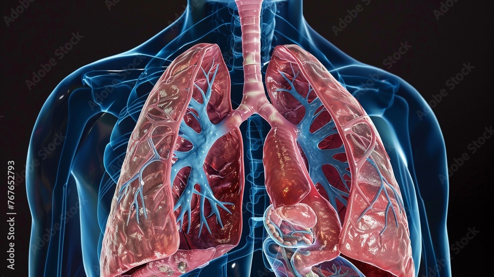 Depict the delicate exchange of gases within the lungs in pulmonology , unique hyper-realistic illustrations - obrazy, fototapety, plakaty 